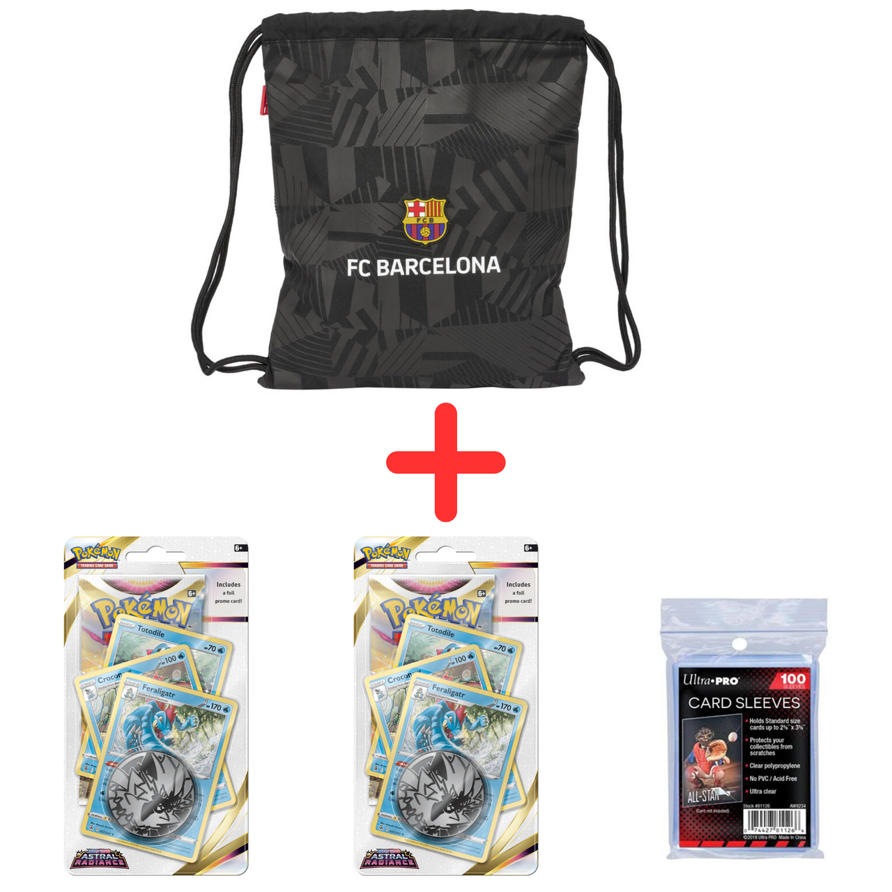 Barcelona Pokémon Set – Gymtas + 2x Sword &amp; Shield Astral Radiance Premium Checklane Blister + 100 Beschermhoesjes